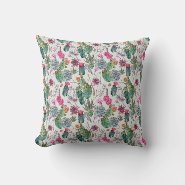 Exotische Boho Waterverf Cactus & Succulent Patroo Kussen (Voorkant)