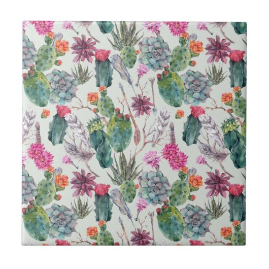 Exotische Boho Waterverf Cactus & Succulent Patroo Tegeltje (Voorkant)
