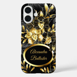 Exotische Elegante Bloemrijke Goud Zwarte iPhone 16 Hoesje