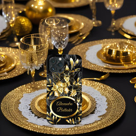 Exotische Elegante Bloemrijke Goud Zwarte iPhone 16 Hoesje