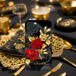 Exotische Elegante Rode Roos Bloemrijke Gouden Zwa Case-Mate iPhone Case
