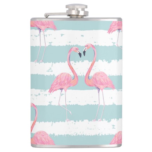 Exotische Flamingo Gestreept Achtergrondpatroon Heupfles (Voorkant)