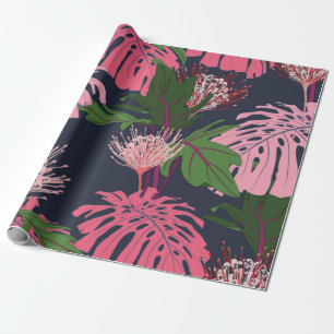 Exotische groene en roze tropische palmbladeren en cadeaupapier