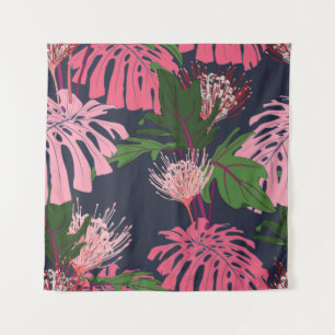 Exotische groene en roze tropische palmbladeren en wandkleed