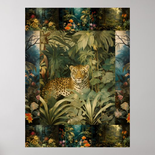 Exotische kleurrijke tijger in Forest Art Collage Poster (Voorkant)