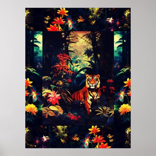 Exotische kleurrijke tijger in Forest Art Collage Poster (Voorkant)