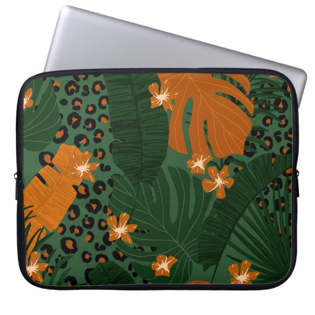 Exotische Leopard Tropische bladeren patroon Laptop Sleeve (Voorkant)