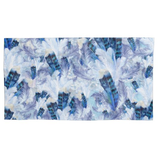 Exotische Mix Blauwe Vogel veerprint Kussensloop (Voorkant-Links)