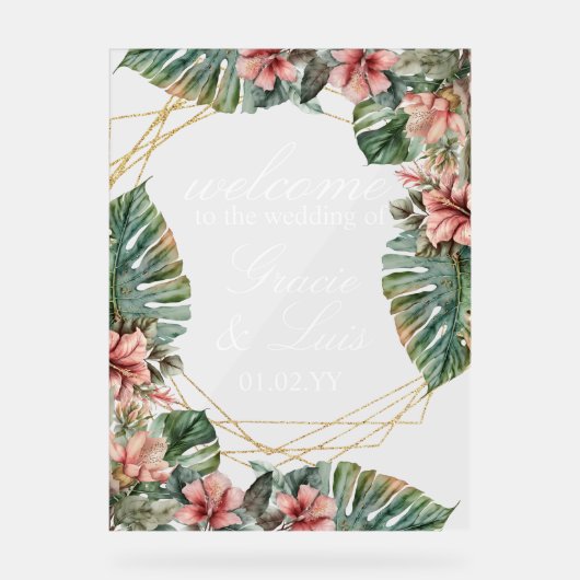 Exotische Monstera Botanische Bloemen Gouden Bruil Acryl Bord (Voorkant)