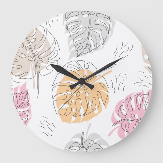 Exotische Monstera Lijn Tekening Kunst Grote Klok (Voorkant)