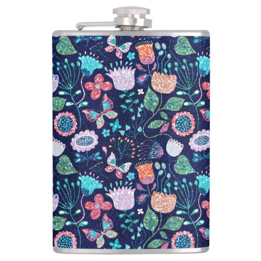 Exotische mousserende bloemen en vlinderbloempatro heupfles (Voorkant)