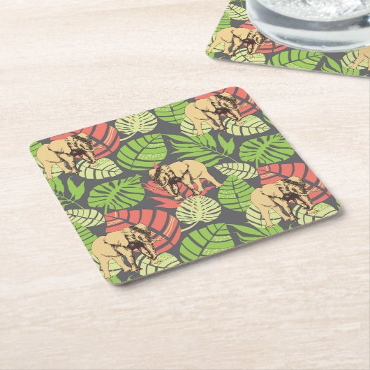 Exotische Oerwouden bladeren en olifanten 2 Kartonnen Onderzetters (Schuin)