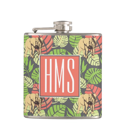 Exotische Oerwouden bladeren en olifanten | Monogr Heupfles (Voorkant)