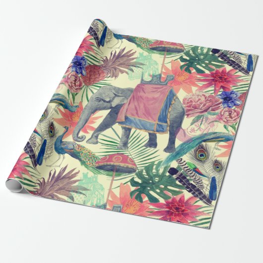 Exotische olifant Peacock Cadeaupapier (Uitgerold)