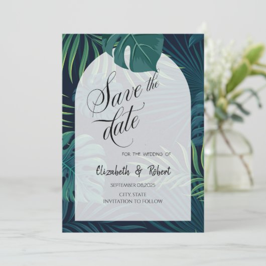 Exotische palmbladeren redden de datum save the date (Staand voorkant)