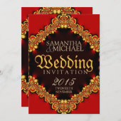 Exotische passie Red Gold Wedding Invitations Kaart (Voorkant / Achterkant)