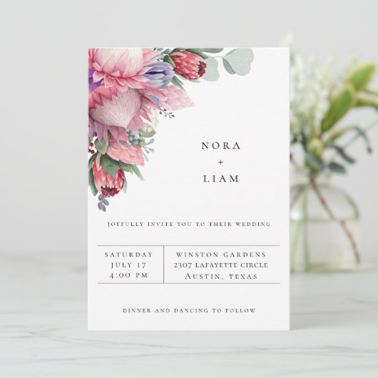 Exotische Protea Bloemen Bruiloftsinvitaties Aankondiging (Staand voorkant)