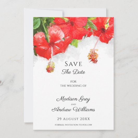 Exotische rode hibiscus bloem kunst bruiloft save the date (Voorkant)