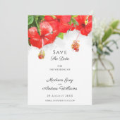 Exotische rode hibiscus bloem kunst bruiloft save the date (Staand voorkant)