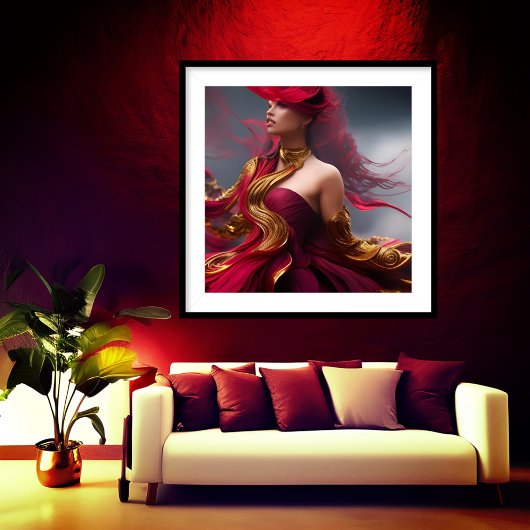 Exotische roodharige vrouw stromend rood Goud Abst Poster