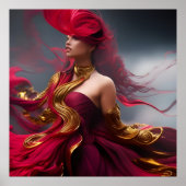 Exotische roodharige vrouw stromend rood Goud Abst Poster (Voorkant)