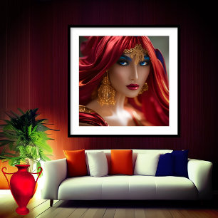 Exotische roodharige vrouw stroom rood Blauw Goud  Poster