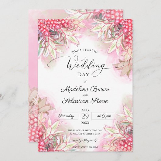 Exotische roze anananas bruiloft kaart (Voorkant / Achterkant)