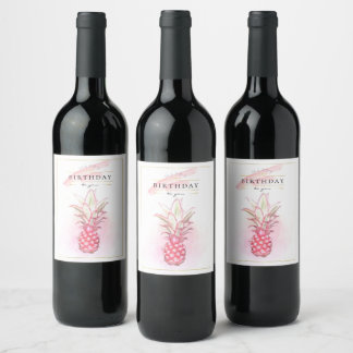 Exotische roze anananas Waterverf Birthday Art Wijn Etiket