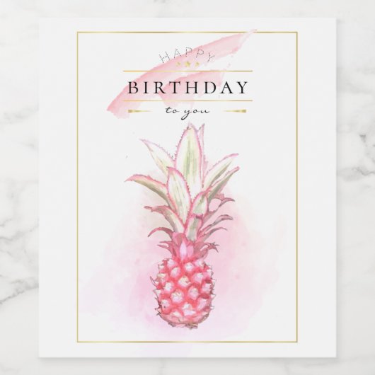 Exotische roze anananas Waterverf Birthday Art Wijn Etiket (Enkel label)