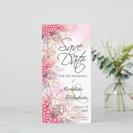 Exotische Roze Ananassen Save The Date (Staand voorkant)