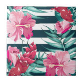 Exotische roze bloemen gestript tegeltje (Voorkant)