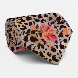 Exotische roze bloemen op luipaardprint stropdas
