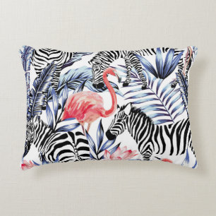 Exotische roze flamingo, zebra op achtergrond zome accent kussen