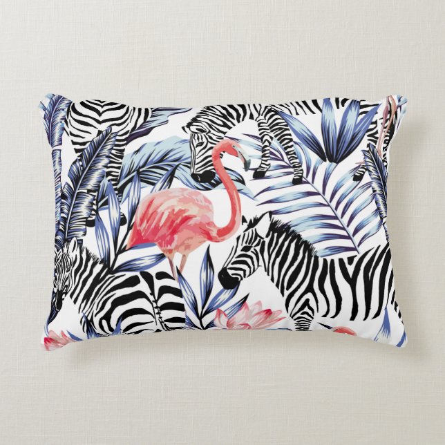 Exotische roze flamingo, zebra op achtergrond zome accent kussen (Voorkant)