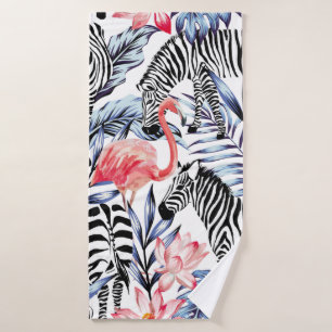 Exotische roze flamingo, zebra op achtergrond zome badhanddoek
