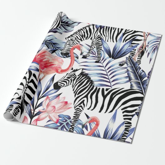 Exotische roze flamingo, zebra op achtergrond zome cadeaupapier (Uitgerold)