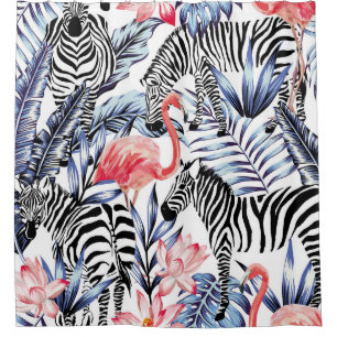 Exotische roze flamingo, zebra op achtergrond zome douchegordijn