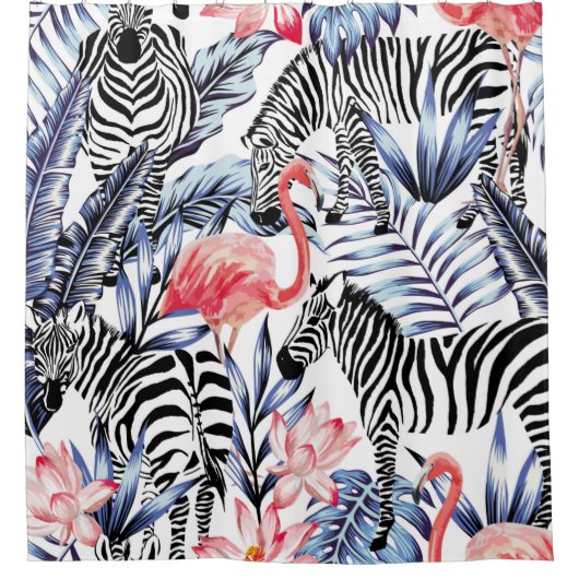 Exotische roze flamingo, zebra op achtergrond zome douchegordijn (Voorkant)