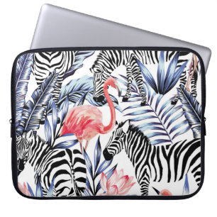 Exotische roze flamingo, zebra op achtergrond zome laptop sleeve
