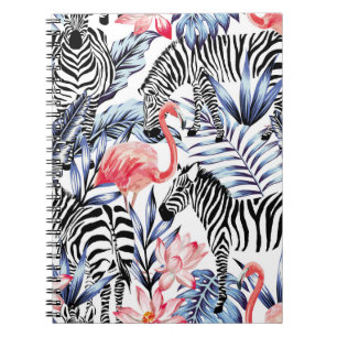 Exotische roze flamingo, zebra op achtergrond zome notitieboek