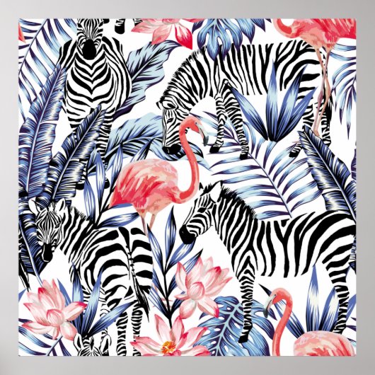 Exotische roze flamingo, zebra op achtergrond zome poster (Voorkant)
