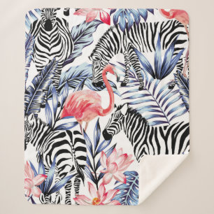 Exotische roze flamingo, zebra op achtergrond zome sherpa deken