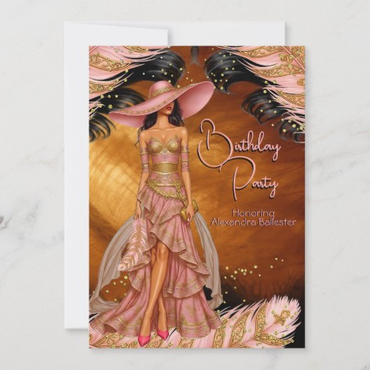 Exotische Roze Jurk Goud Zwart Verjaardagsfeest Kaart (Voorkant)