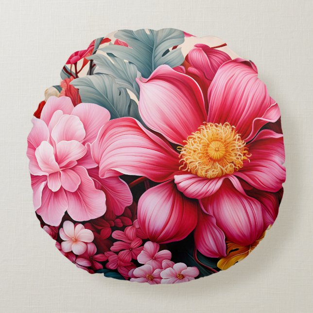 Exotische Roze Tropische Bloementuin Rond Kussen (Voorkant)