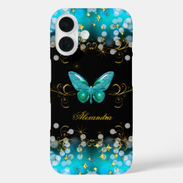 Exotische Teal Blau Goud Zwart Vlinder Glinstering iPhone 16 Hoesje
