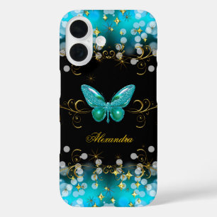 Exotische Teal Blau Goud Zwart Vlinder Glinstering iPhone 16 Hoesje