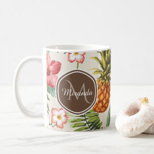 Exotische tropische anananas Floral bruin monogram Koffiemok
