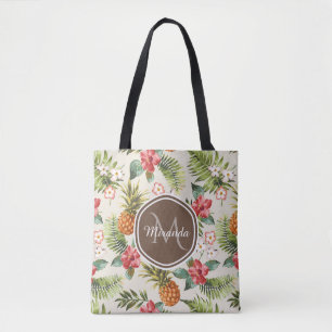 Exotische tropische anananas Floral bruin monogram Tote Bag