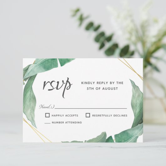 Exotische tropische bananenbladeren die RSVP verbl (Staand voorkant)