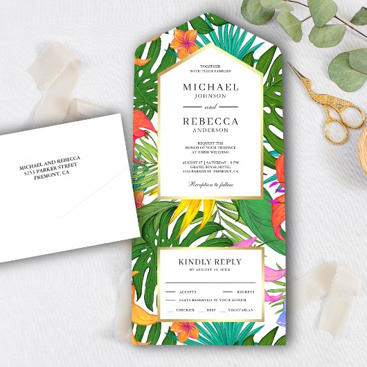 Exotische tropische bladeren kleurrijke tuinbruilo all in one uitnodiging